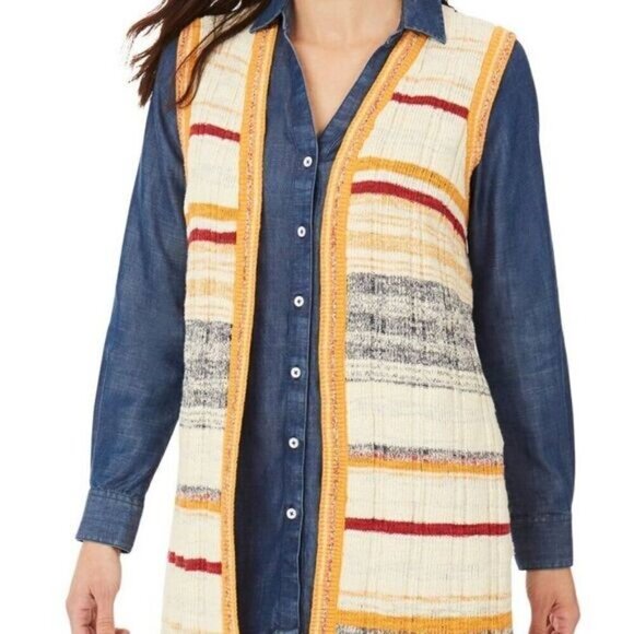 Foxcroft Nico Sweater Vest L Cream/Orange Striped Open Drape Lagenlook NWT - Picture 4 of 9